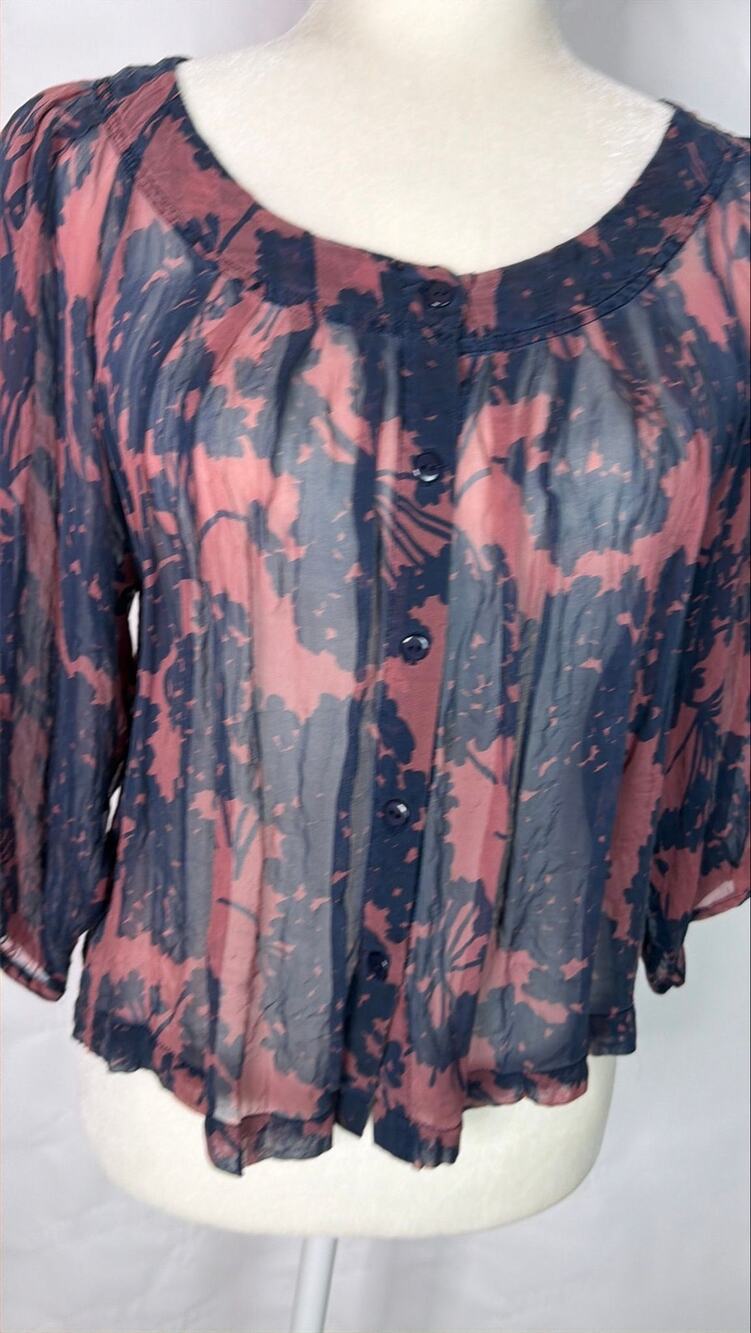 Postella Flowy Crop Blouse Navy & Mauve 100% Silk